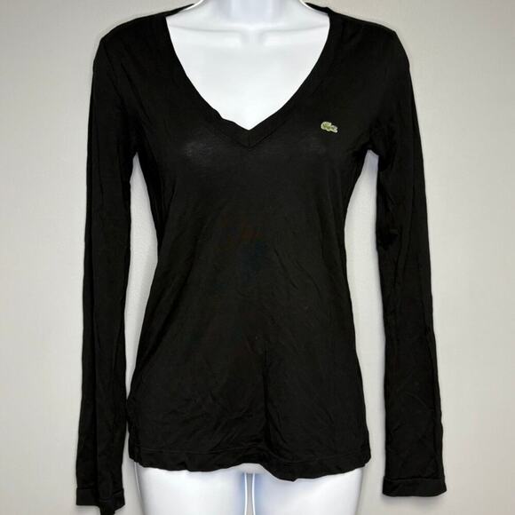 Lacoste Womens Long Sleeve V-Neck Lightweight Tee Sz 34 - Picture 1 of 7